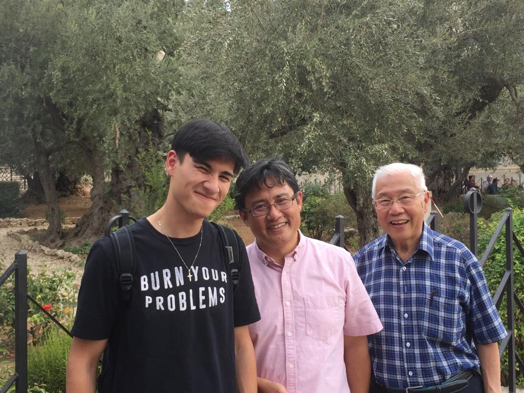 Benjamin, Andrew and Wee Hian, together in the Garden of Gethsemane, in Jerusalem.